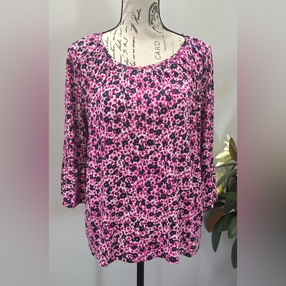 🌸 Michael Michael Kors Peasant Top - Pink & Purple Floral, 3/4 Ruffle Sleeve 🌸 - Picture 1 of 10